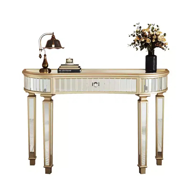 Console en demi-lune cannelée avec miroir et tiroir, noire/dorée/grise, pour entrée ou coiffeuse individuelle