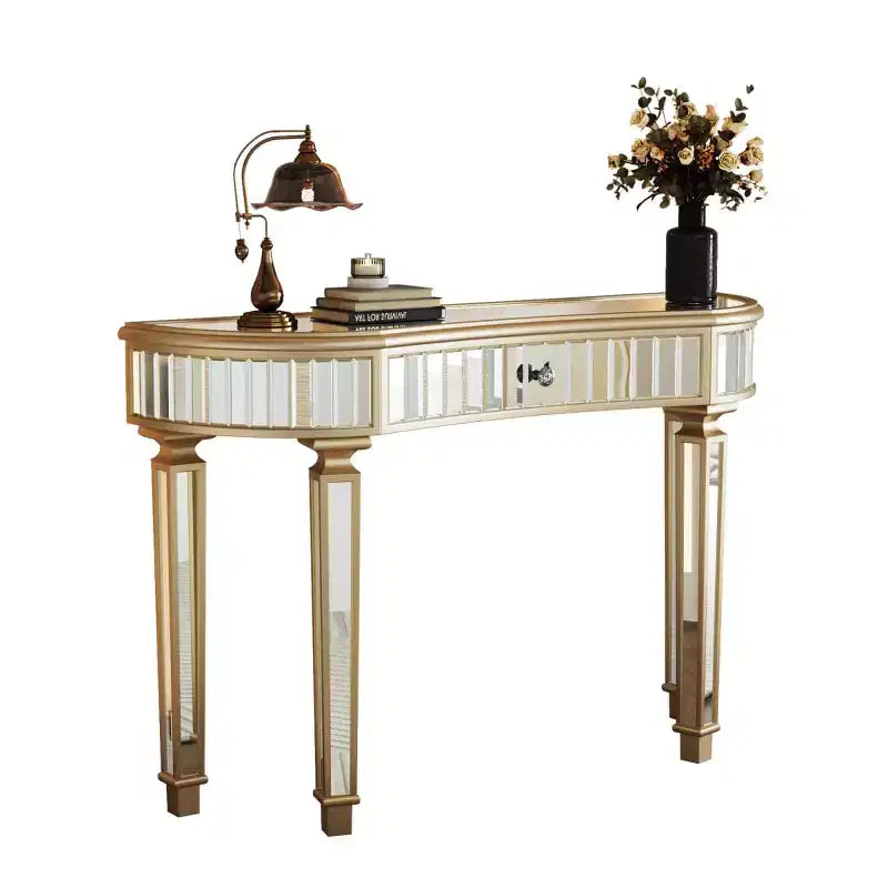 Console en demi-lune cannelée avec miroir et tiroir, noire/dorée/grise, pour entrée ou coiffeuse individuelle