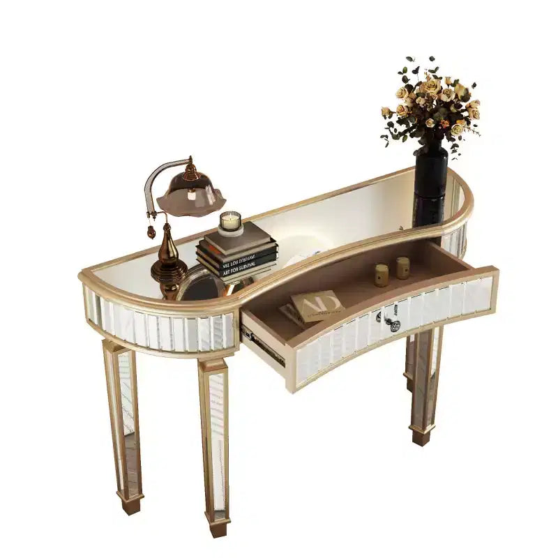 Console en demi-lune cannelée avec miroir et tiroir, noire/dorée/grise, pour entrée ou coiffeuse individuelle