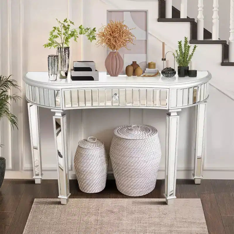 Console en demi-lune cannelée avec miroir et tiroir, noire/dorée/grise, pour entrée ou coiffeuse individuelle