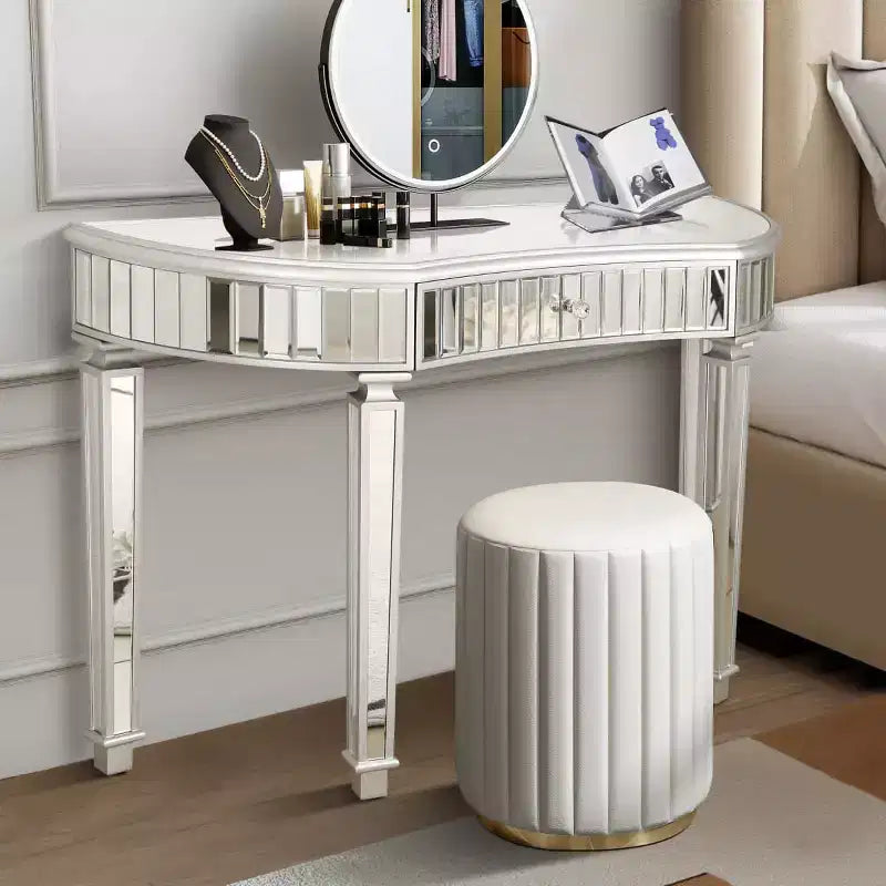 Console en demi-lune cannelée avec miroir et tiroir, noire/dorée/grise, pour entrée ou coiffeuse individuelle