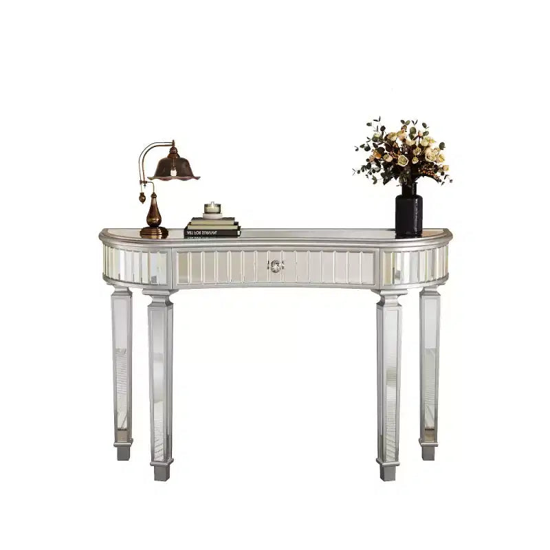 Console en demi-lune cannelée avec miroir et tiroir, noire/dorée/grise, pour entrée ou coiffeuse individuelle