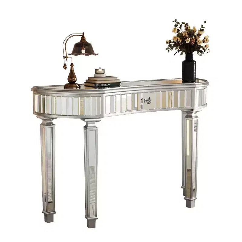 Console en demi-lune cannelée avec miroir et tiroir, noire/dorée/grise, pour entrée ou coiffeuse individuelle