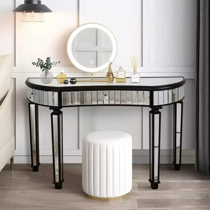 Console en demi-lune cannelée avec miroir et tiroir, noire/dorée/grise, pour entrée ou coiffeuse individuelle