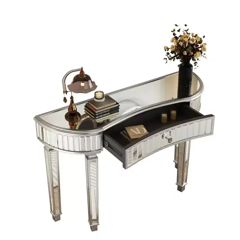 Console en demi-lune cannelée avec miroir et tiroir, noire/dorée/grise, pour entrée ou coiffeuse individuelle