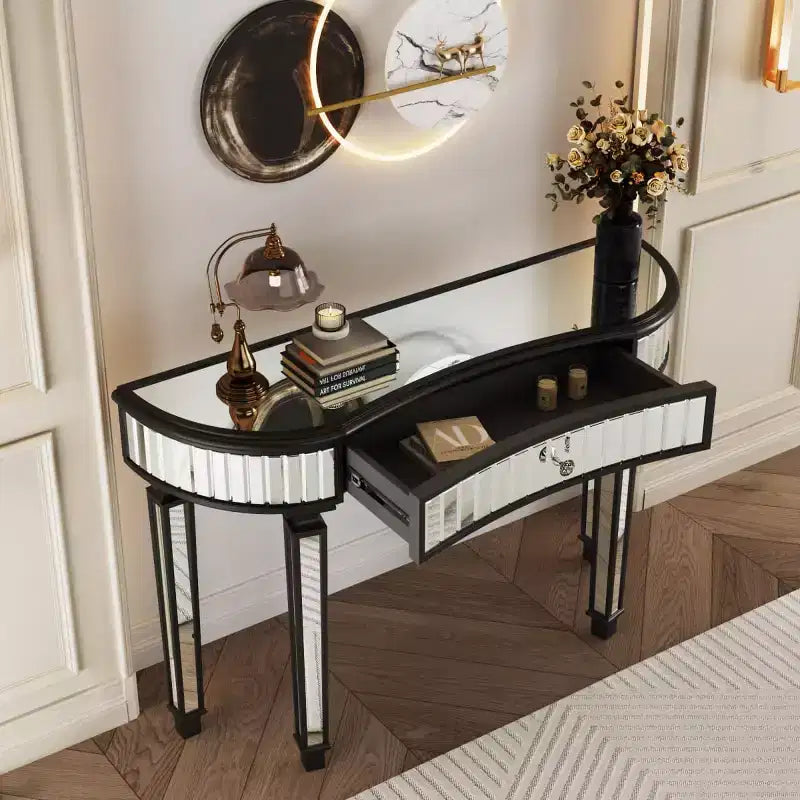 Console en demi-lune cannelée avec miroir et tiroir, noire/dorée/grise, pour entrée ou coiffeuse individuelle