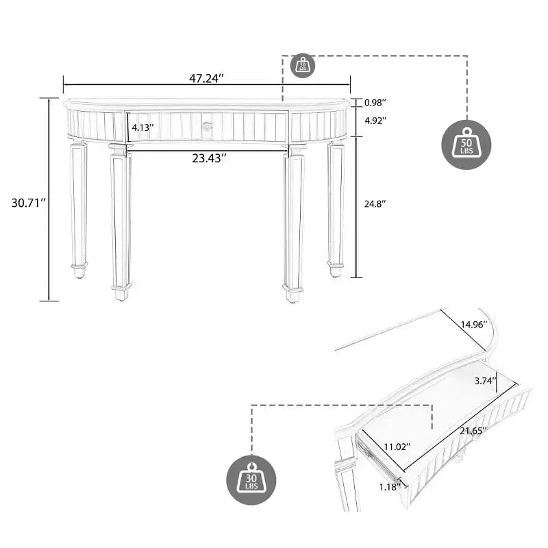 Console en demi-lune cannelée avec miroir et tiroir, noire/dorée/grise, pour entrée ou coiffeuse individuelle