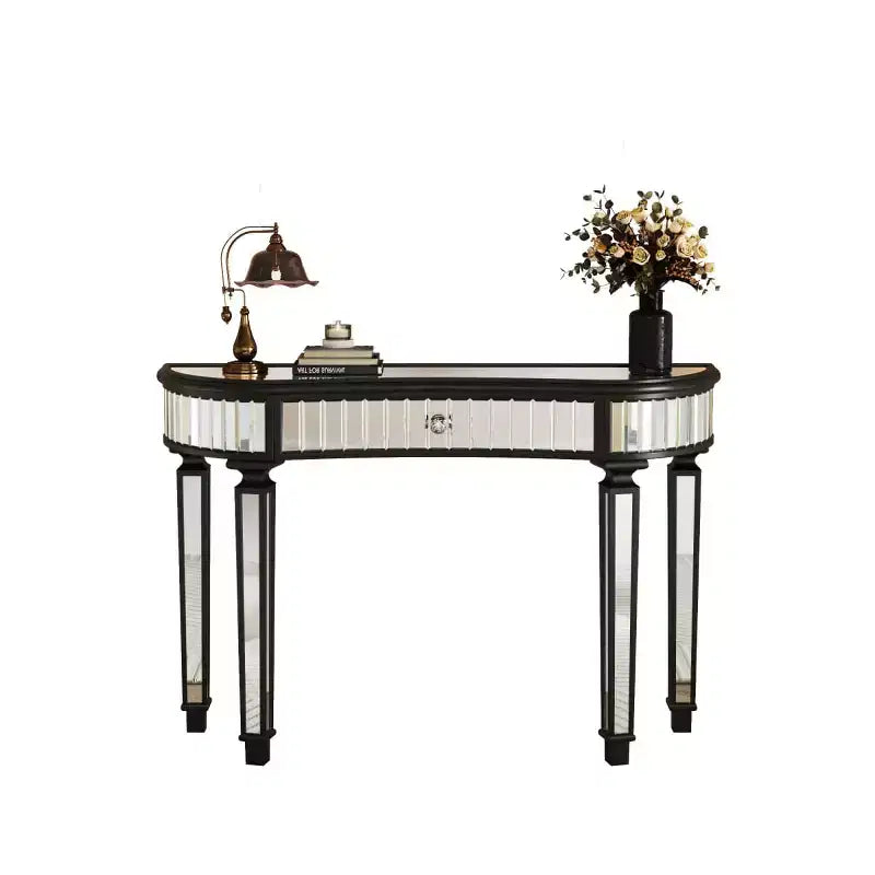 Console en demi-lune cannelée avec miroir et tiroir, noire/dorée/grise, pour entrée ou coiffeuse individuelle