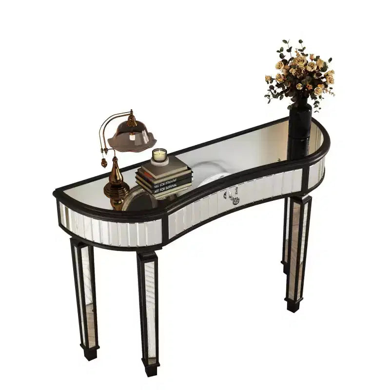 Console en demi-lune cannelée avec miroir et tiroir, noire/dorée/grise, pour entrée ou coiffeuse individuelle