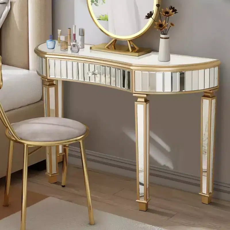 Console en demi-lune cannelée avec miroir et tiroir, noire/dorée/grise, pour entrée ou coiffeuse individuelle