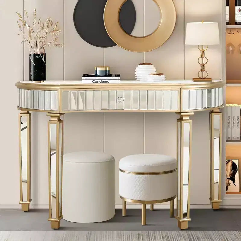 Console en demi-lune cannelée avec miroir et tiroir, noire/dorée/grise, pour entrée ou coiffeuse individuelle