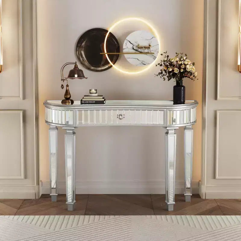 Console en demi-lune cannelée avec miroir et tiroir, noire/dorée/grise, pour entrée ou coiffeuse individuelle