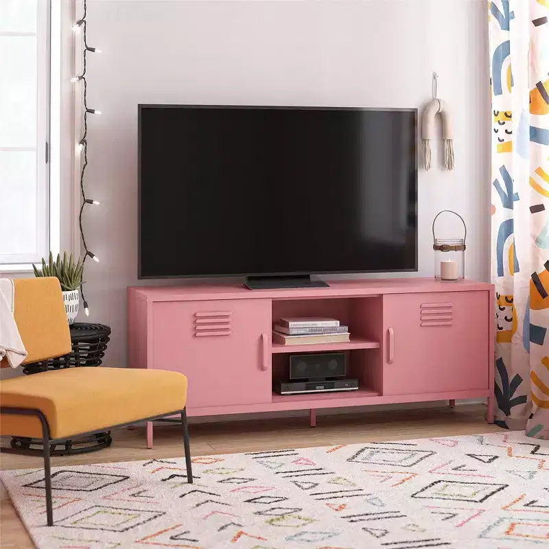 Meuble TV en métal noir avec portes coulissantes, 60 po, pour téléviseurs jusqu'à 65 po