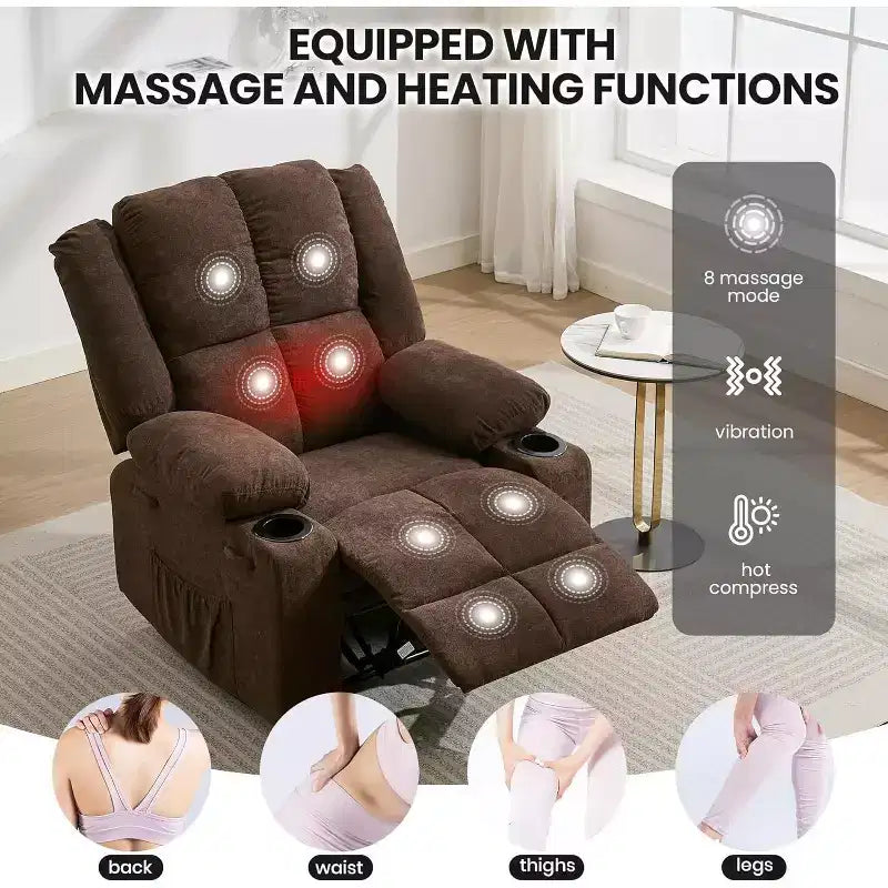 Fauteuil inclinable manuel bleu/marron/gris avec massage et chauffage, une place