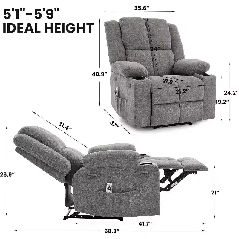 Fauteuil inclinable manuel bleu/marron/gris avec massage et chauffage, une place