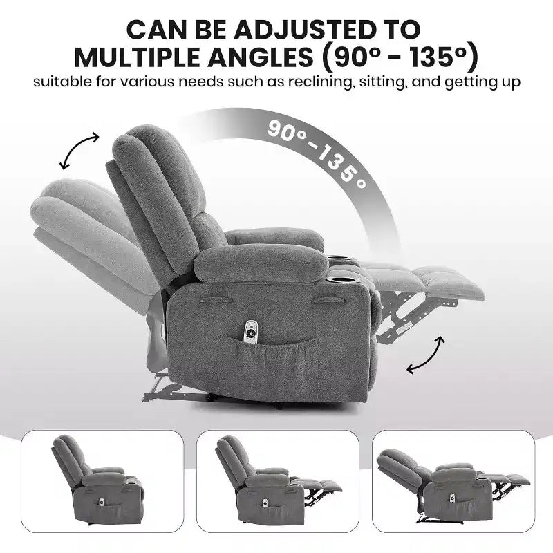 Fauteuil inclinable manuel bleu/marron/gris avec massage et chauffage, une place