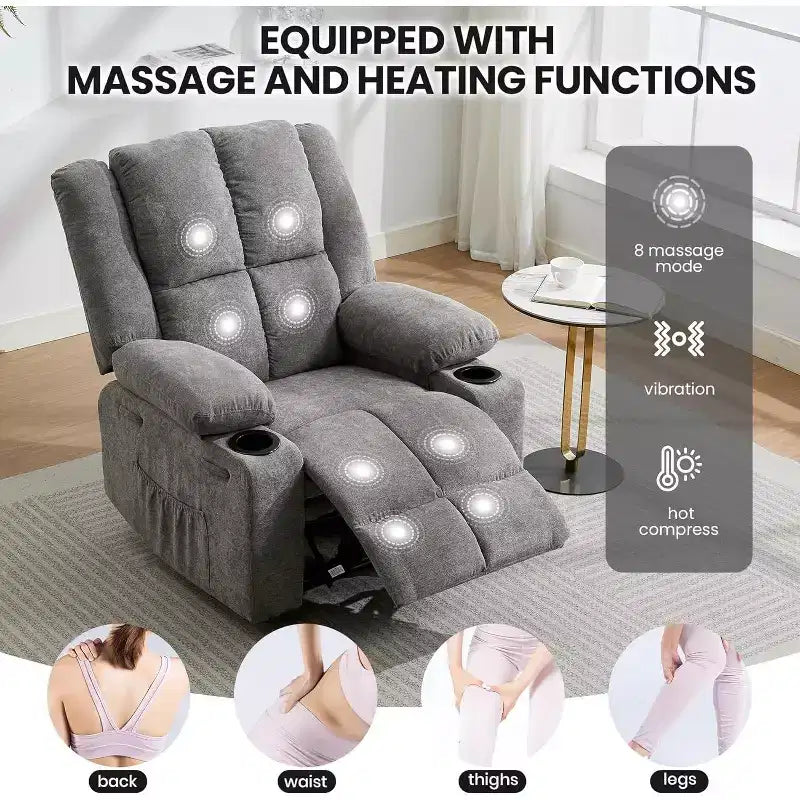 Fauteuil inclinable manuel bleu/marron/gris avec massage et chauffage, une place