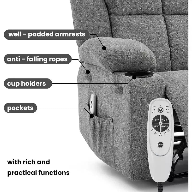 Fauteuil inclinable manuel bleu/marron/gris avec massage et chauffage, une place