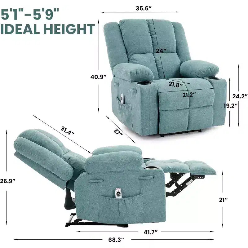 Fauteuil inclinable manuel bleu/marron/gris avec massage et chauffage, une place
