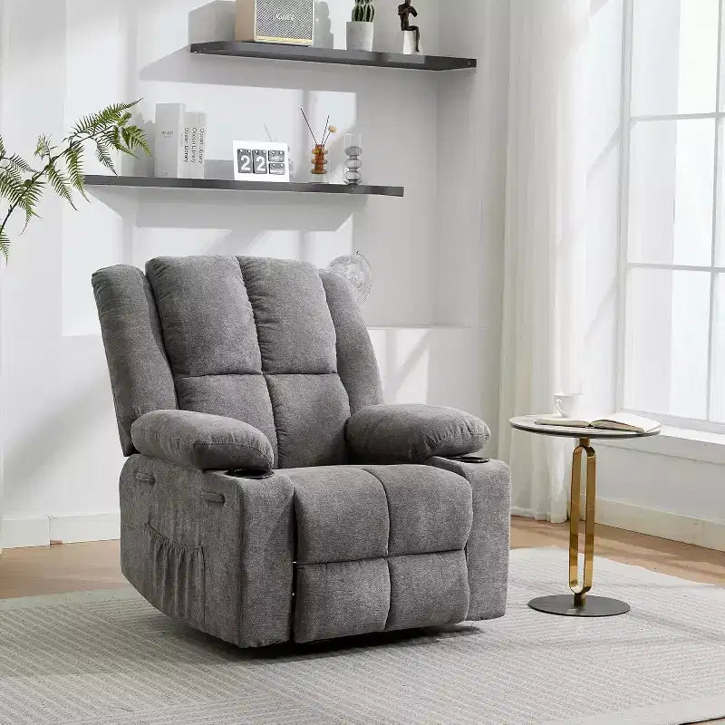 Fauteuil inclinable manuel bleu/marron/gris avec massage et chauffage, une place