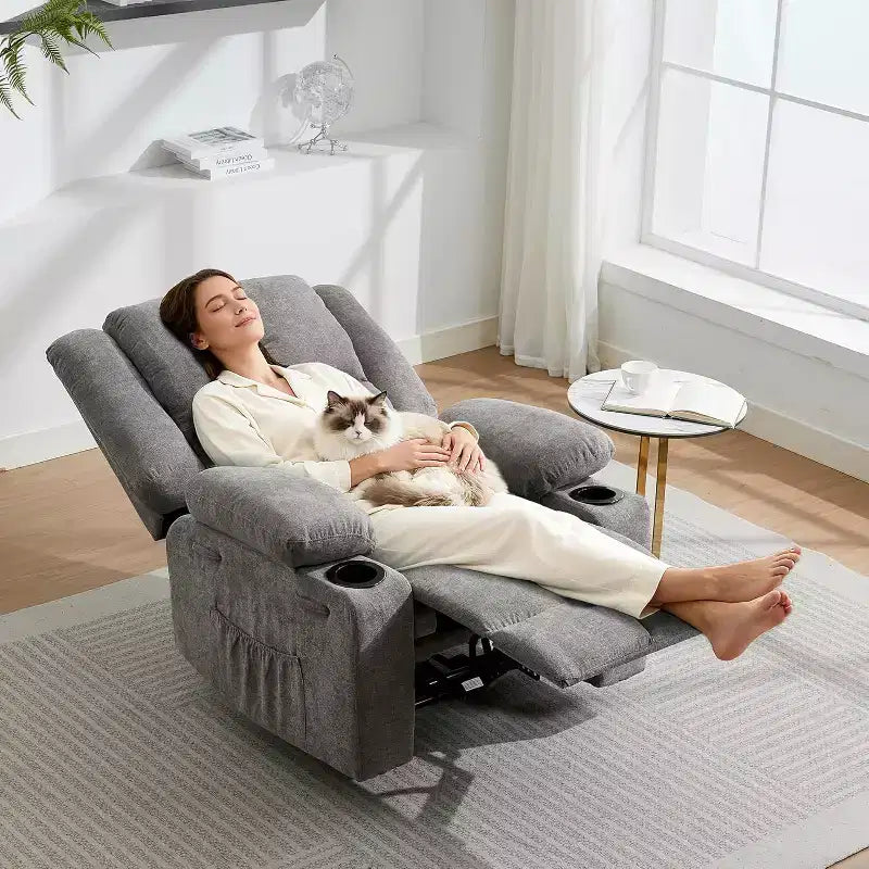 Fauteuil inclinable manuel bleu/marron/gris avec massage et chauffage, une place