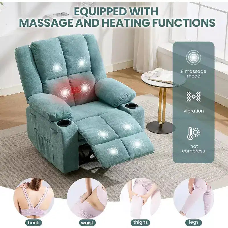Fauteuil inclinable manuel bleu/marron/gris avec massage et chauffage, une place