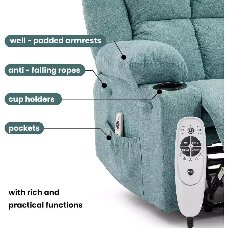 Fauteuil inclinable manuel bleu/marron/gris avec massage et chauffage, une place
