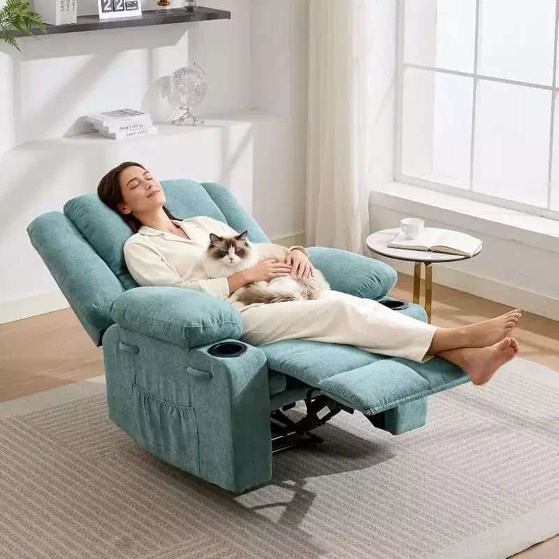 Fauteuil inclinable manuel bleu/marron/gris avec massage et chauffage, une place