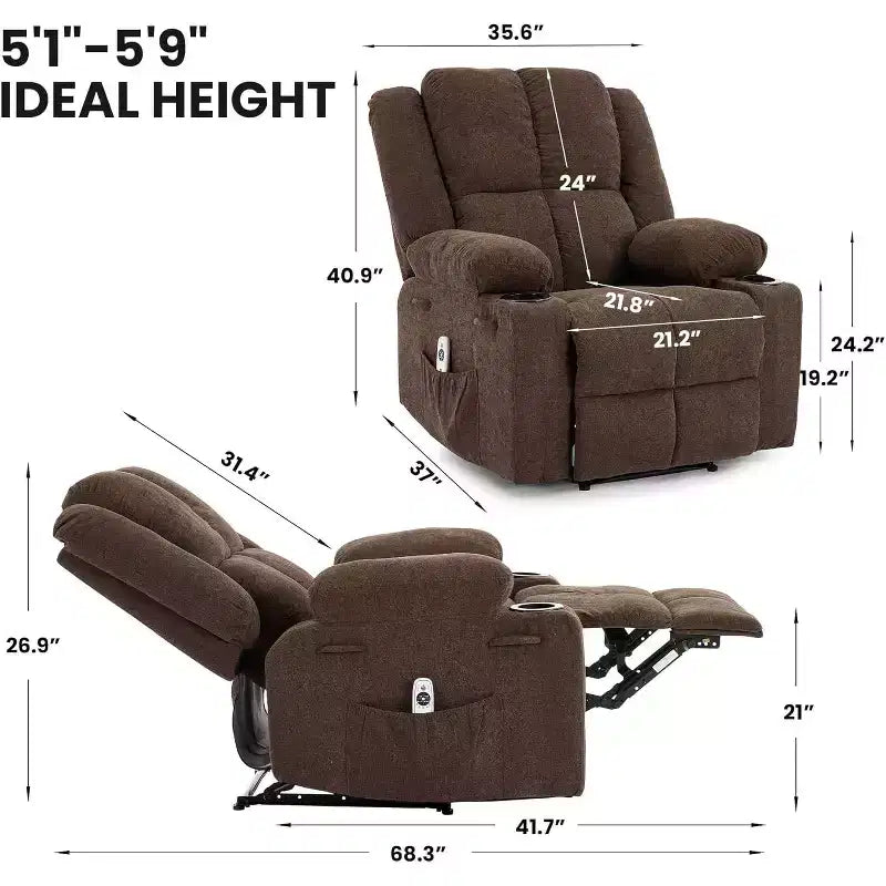 Fauteuil inclinable manuel bleu/marron/gris avec massage et chauffage, une place