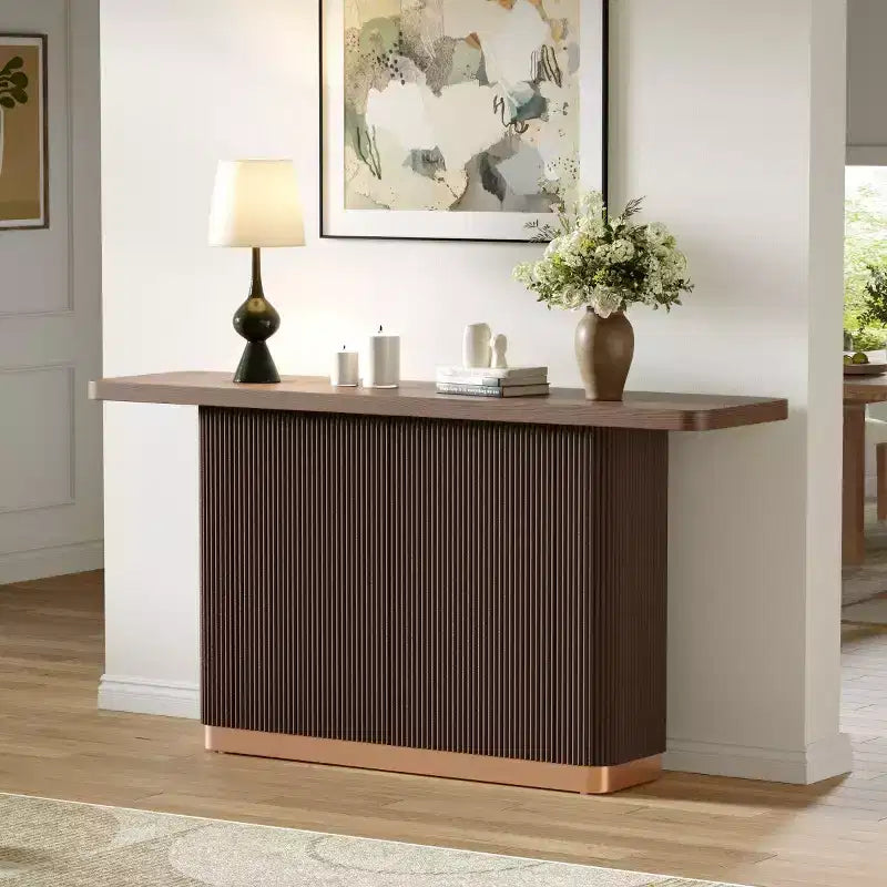 Console en placage de frêne brun de 58 po, base cannelée, 1 personne, table d'entrée/de canapé étroite