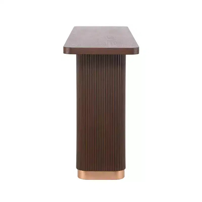 Console en placage de frêne brun de 58 po, base cannelée, 1 personne, table d'entrée/de canapé étroite