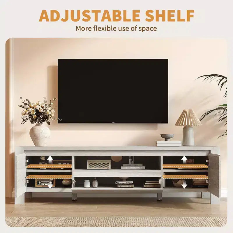Meuble TV avec placard, Naturel/Gris, 140-160 cm L, Convient aux téléviseurs jusqu'à 70 po, Assemblage par 1 personne - sans frais