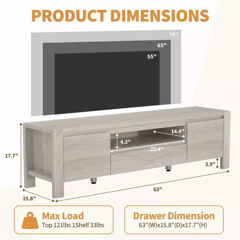 Meuble TV avec placard, Naturel/Gris, 140-160 cm L, Convient aux téléviseurs jusqu'à 70 po, Assemblage par 1 personne - sans frais