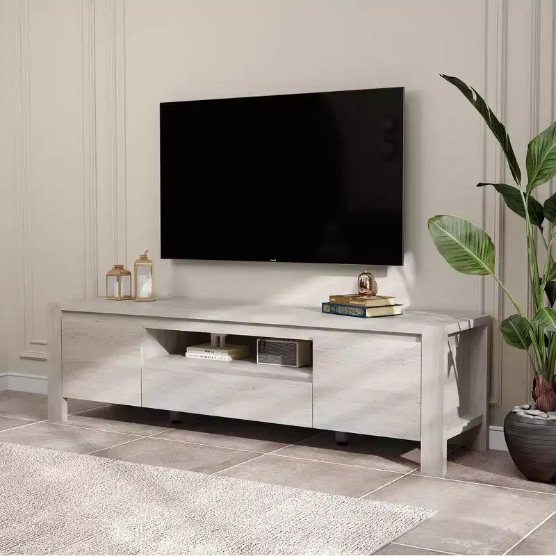Meuble TV avec placard, Naturel/Gris, 140-160 cm L, Convient aux téléviseurs jusqu'à 70 po, Assemblage par 1 personne - sans frais