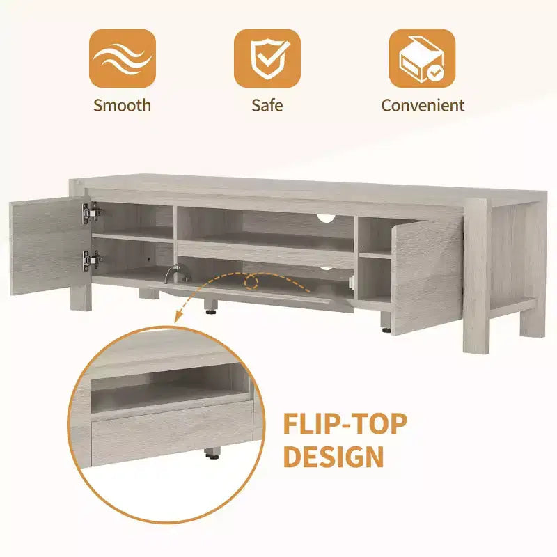Meuble TV avec placard, Naturel/Gris, 140-160 cm L, Convient aux téléviseurs jusqu'à 70 po, Assemblage par 1 personne - sans frais