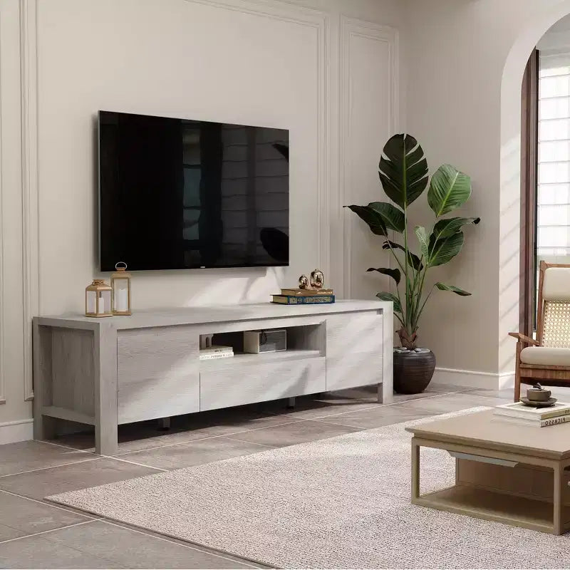 Meuble TV avec placard, Naturel/Gris, 140-160 cm L, Convient aux téléviseurs jusqu'à 70 po, Assemblage par 1 personne - sans frais