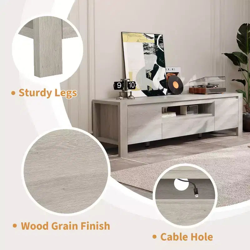Meuble TV avec placard, Naturel/Gris, 140-160 cm L, Convient aux téléviseurs jusqu'à 70 po, Assemblage par 1 personne - sans frais