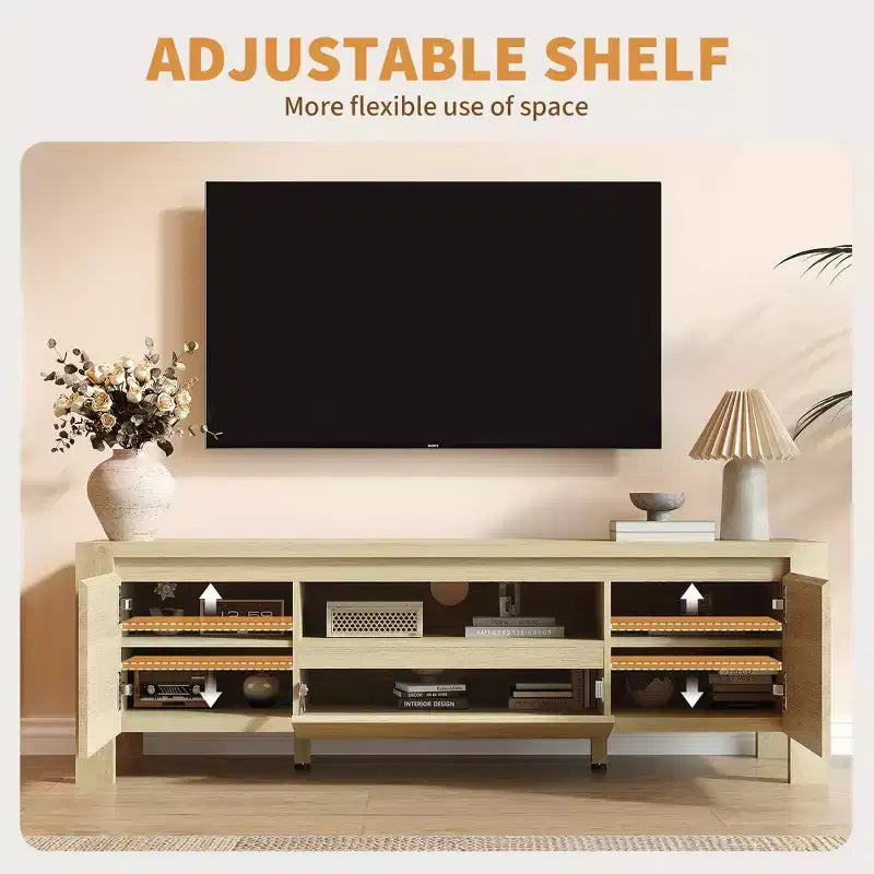 Meuble TV avec placard, Naturel/Gris, 140-160 cm L, Convient aux téléviseurs jusqu'à 70 po, Assemblage par 1 personne - sans frais