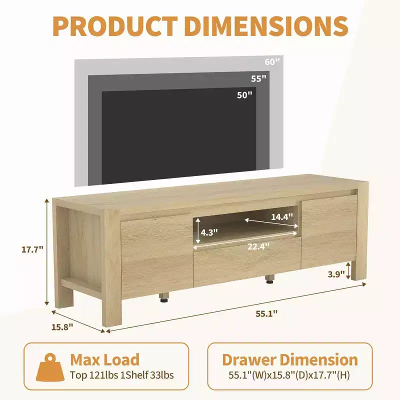 Meuble TV avec placard, Naturel/Gris, 140-160 cm L, Convient aux téléviseurs jusqu'à 70 po, Assemblage par 1 personne - sans frais