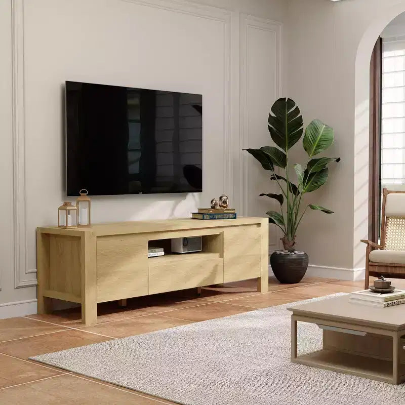 Meuble TV avec placard, Naturel/Gris, 140-160 cm L, Convient aux téléviseurs jusqu'à 70 po, Assemblage par 1 personne - sans frais