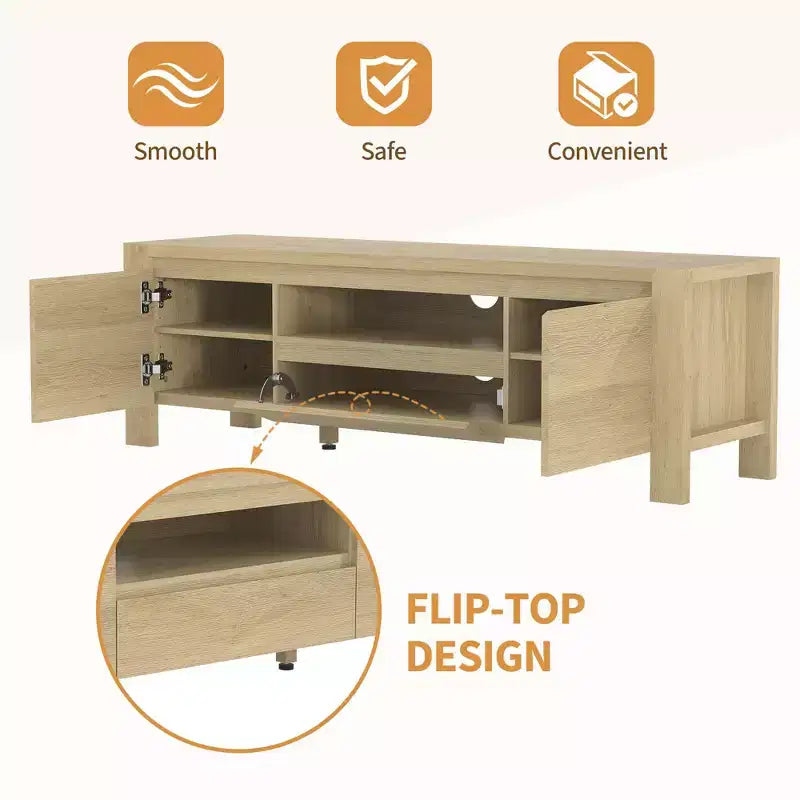Meuble TV avec placard, Naturel/Gris, 140-160 cm L, Convient aux téléviseurs jusqu'à 70 po, Assemblage par 1 personne - sans frais