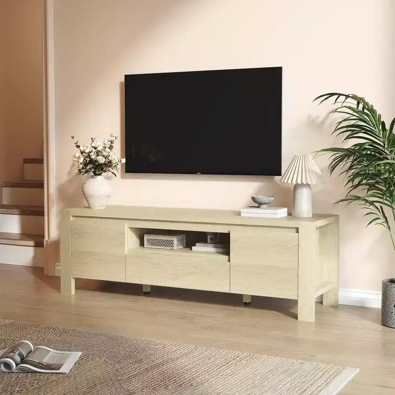 Meuble TV avec placard, Naturel/Gris, 140-160 cm L, Convient aux téléviseurs jusqu'à 70 po, Assemblage par 1 personne - sans frais