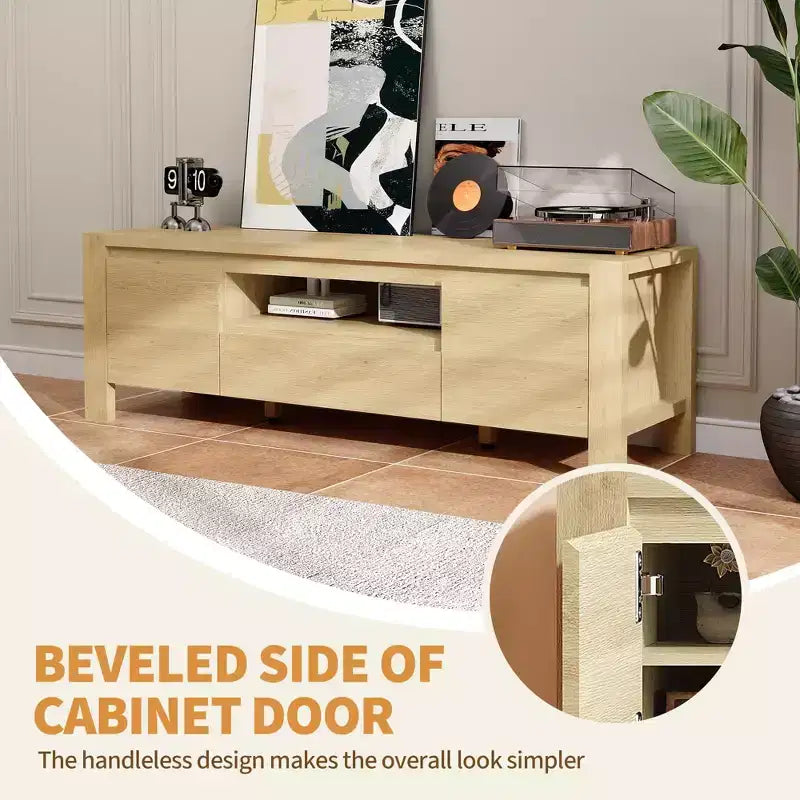 Meuble TV avec placard, Naturel/Gris, 140-160 cm L, Convient aux téléviseurs jusqu'à 70 po, Assemblage par 1 personne - sans frais