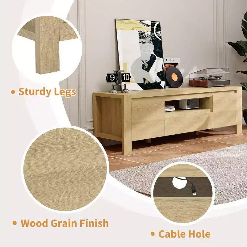 Meuble TV avec placard, Naturel/Gris, 140-160 cm L, Convient aux téléviseurs jusqu'à 70 po, Assemblage par 1 personne - sans frais