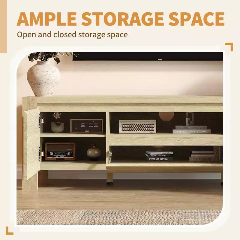 Meuble TV avec placard, Naturel/Gris, 140-160 cm L, Convient aux téléviseurs jusqu'à 70 po, Assemblage par 1 personne - sans frais