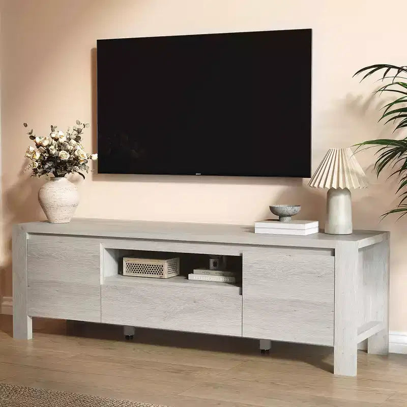 Meuble TV avec placard, Naturel/Gris, 140-160 cm L, Convient aux téléviseurs jusqu'à 70 po, Assemblage par 1 personne - sans frais