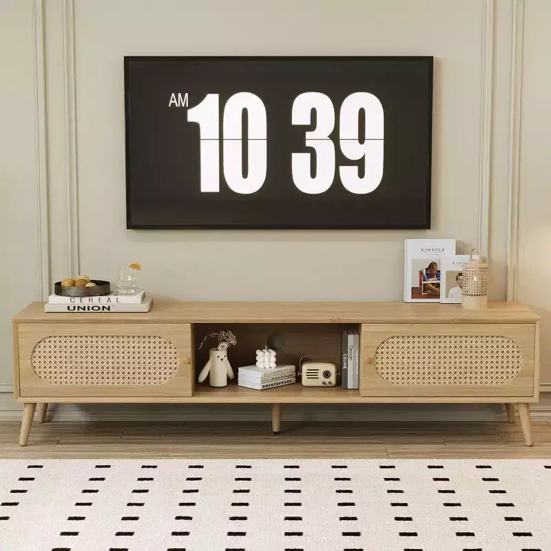 Meuble TV en rotin brun naturel style fermier, convient aux téléviseurs jusqu'à 80 po