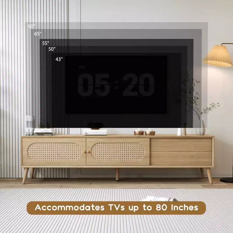 Meuble TV en rotin brun naturel style fermier, convient aux téléviseurs jusqu'à 80 po