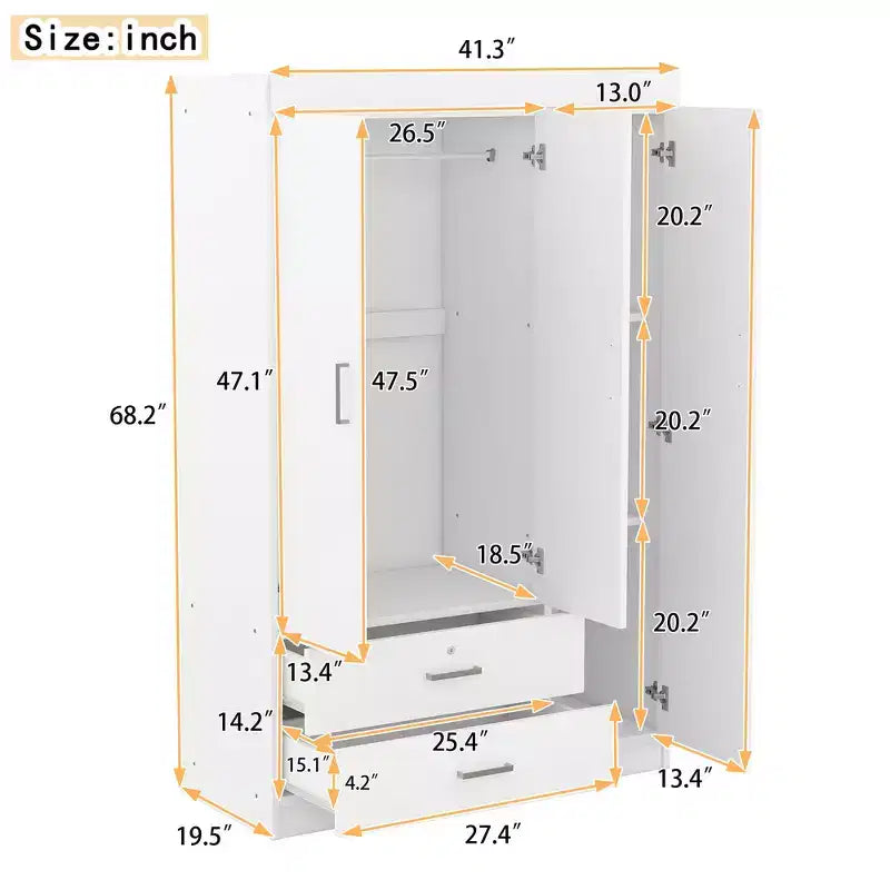 Armoire 3 portes avec miroir et tiroirs – Gris / Blanc, 1 personne