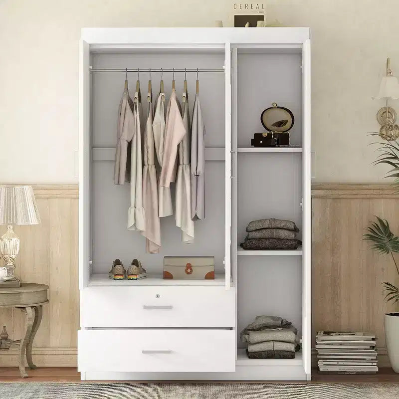 Armoire 3 portes avec miroir et tiroirs – Gris / Blanc, 1 personne